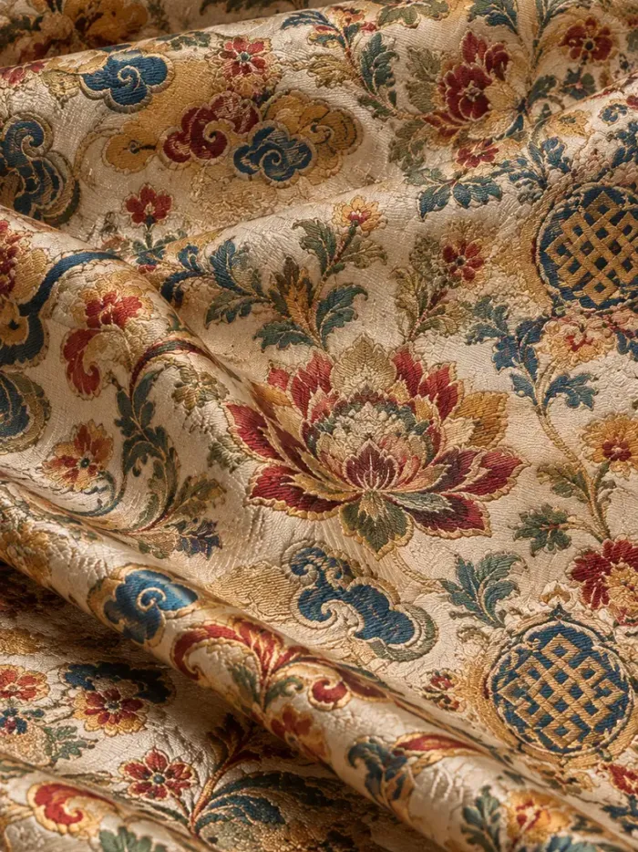 KashiFab CHO Tibetan Brocade - Ivory Flower and shou stack - KF-CHO #17350 Tibetan brocade Varanasi