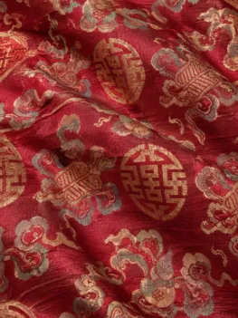 KashiFab CHO Tibetan Brocade - Red Gold silver shou - KF-CHO #17351 Tibetan brocade Varanasi