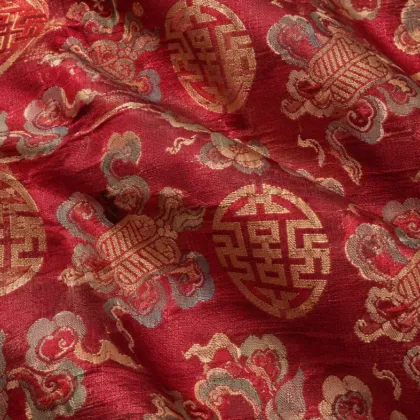 KashiFab CHO Tibetan Brocade - Red Gold silver shou - KF-CHO #17351 Tibetan brocade Varanasi