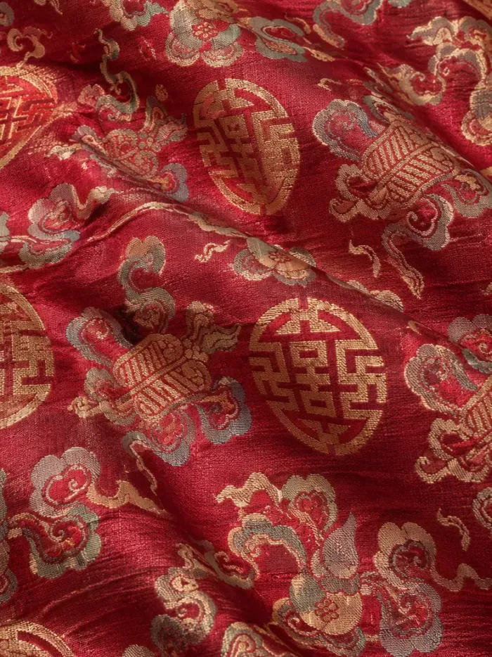KashiFab CHO Tibetan Brocade - Red Gold silver shou - KF-CHO #17351 Tibetan brocade Varanasi